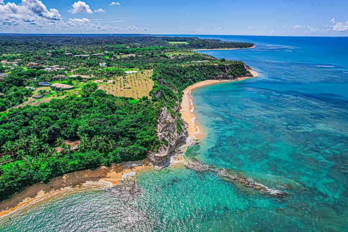 Vista aérea da Praia do Espelho na Bahia, destacando falésias altas cobertas por vegetação, mar cristalino com tons de verde e azul, e recifes de corais visíveis sob a água.